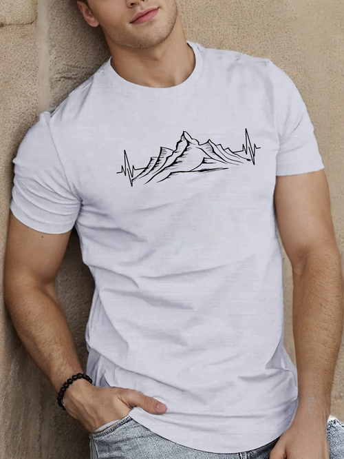 Men's Graphic T-Shirt Minimalist Black Linework Peaks Among Rising Mountain Range