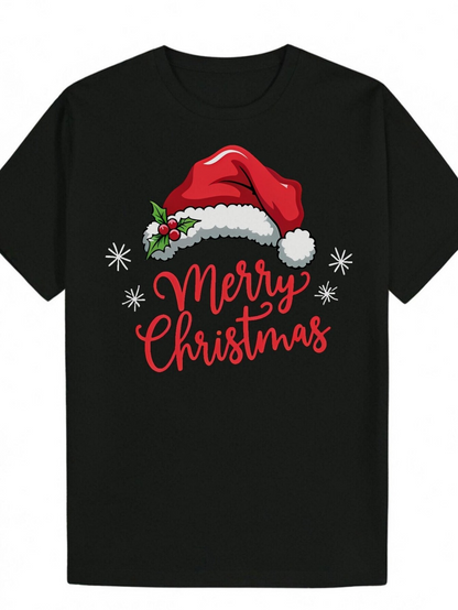 Men's Graphic T-Shirt Merry Christmas Red Santa Hat With Winter Snowflakes Surrounding Festive Lettering
