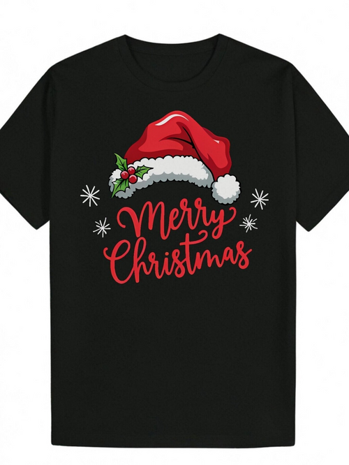 Men's Graphic T-Shirt Merry Christmas Red Santa Hat With Winter Snowflakes Surrounding Festive Lettering