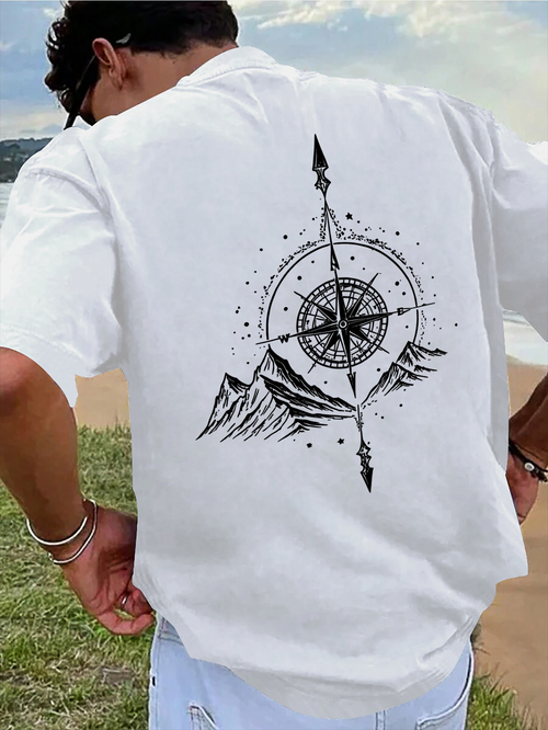 Men's Graphic T-Shirt Hand Drawn Compass Rose Arrow And Mountain Range