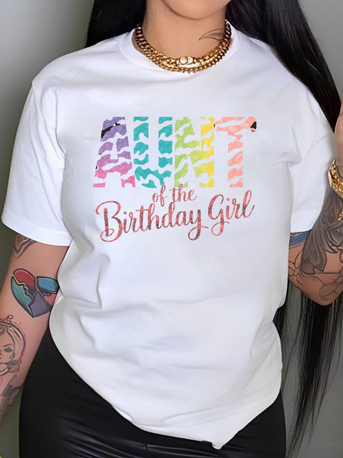 Women's Graphic T-Shirt Aunt Of The Birthday Girl Rainbow Animal Print Lettering T Shirt