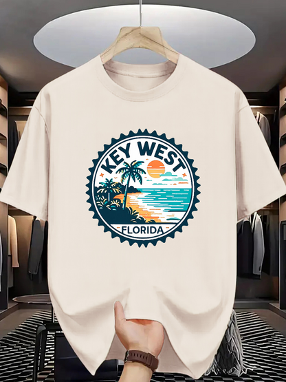 Men's Graphic T-Shirt Key West Florida Beach Sunset With Palm Trees And Ocean Shoreline