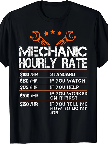 Men's Graphic T-Shirt Mechanic Hourly Rate Price Chart With Orange Wrenches And Stars Black T Shirt