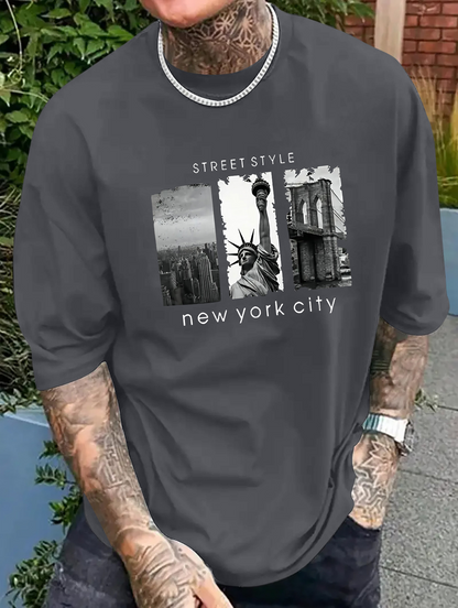 Men's Graphic T-Shirt Street Style Monochrome Skyscrapers With Statue Of Liberty Print City