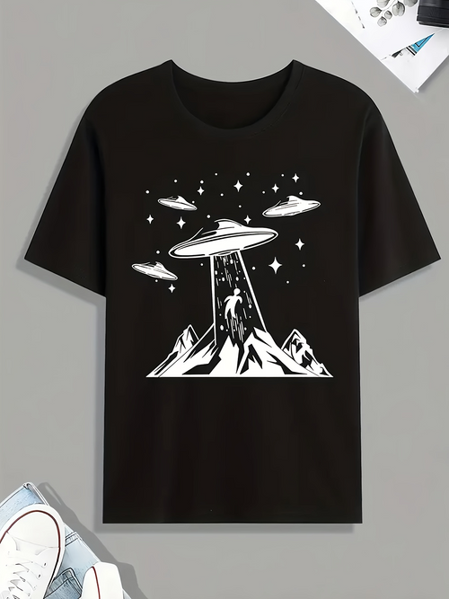 Men's Graphic T-Shirt Majestic Mountain Peaks Under Starry Sky With Alien Spaceships Abducting Human