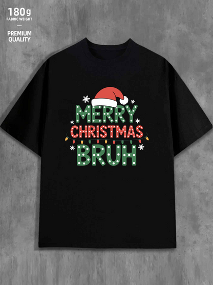 Men's Graphic T-Shirt Merry Christmas Bruh Festive Lights With Santa Hat Cheerful Holiday T Shirt
