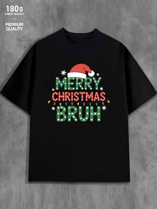 Men's Graphic T-Shirt Merry Christmas Bruh Festive Lights With Santa Hat Cheerful Holiday T Shirt