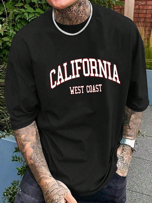 Men's Graphic T-Shirt California West Coast Bold Varsity Letters On Black Cotton T Shirt