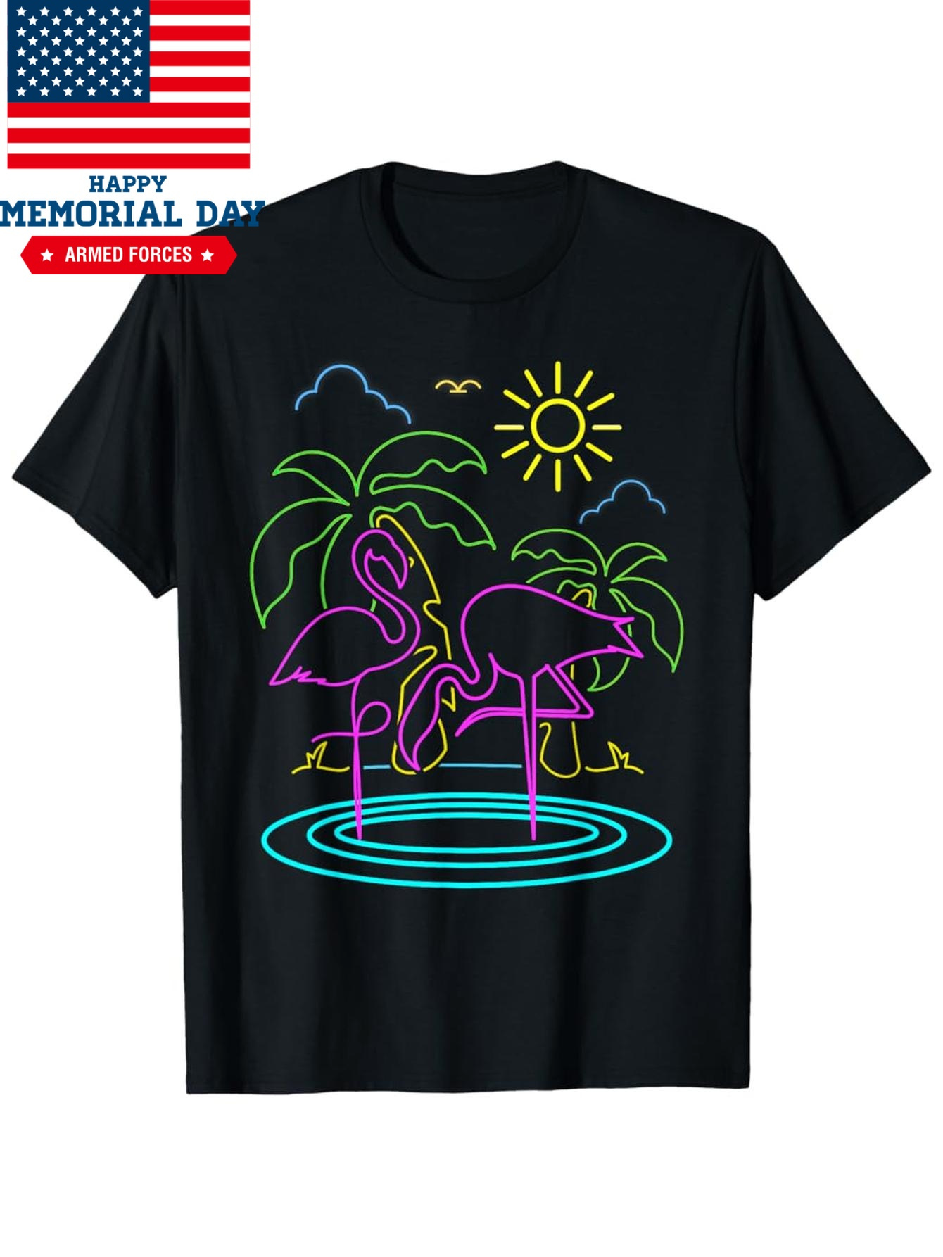 Men's Graphic T-Shirt Glowing Palm Trees Neon Rippling Water With Elegant Standing Flamingos
