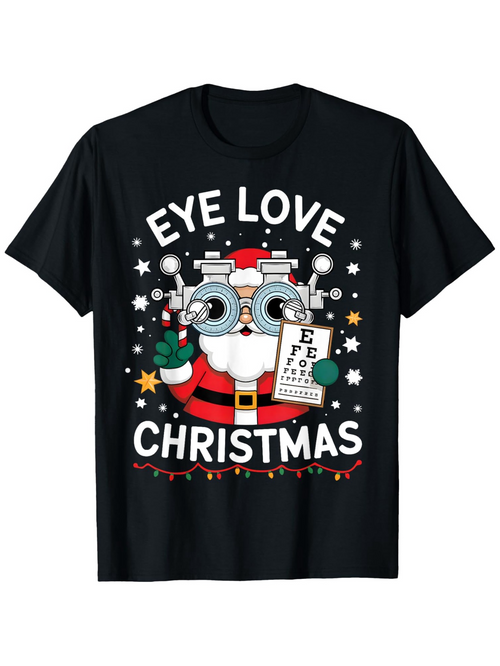 Men's Graphic T-Shirt Eye Love Christmas With Santa Holding Festive Eye Chart Among Holiday Lights