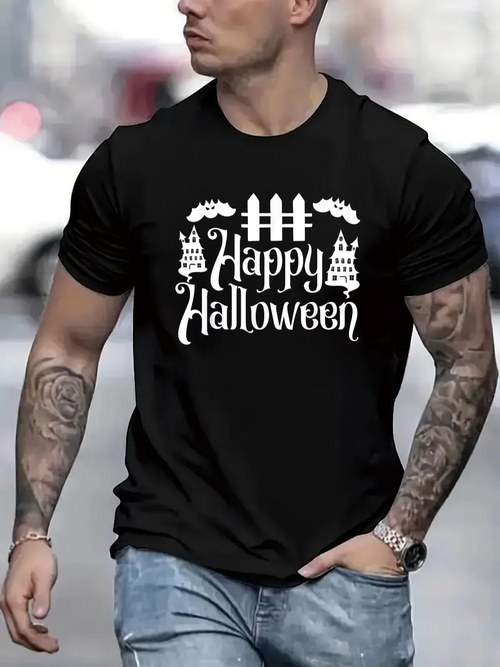 Men's Graphic T-Shirt Happy Halloween Haunted Castle Under Smoky Twilight Halloween
