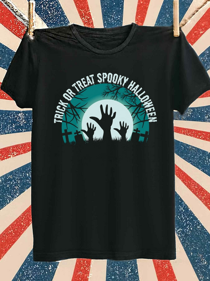 Men's Graphic T-Shirt Trick Or Treat Spooky Halloween Creepy Graveyard With Twisted Trees Zombie Hands Rising