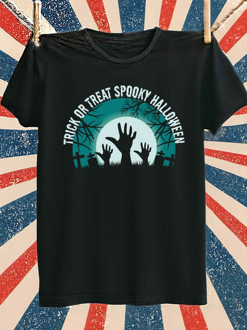 Men's Graphic T-Shirt Trick Or Treat Spooky Halloween Creepy Graveyard With Twisted Trees Zombie Hands Rising