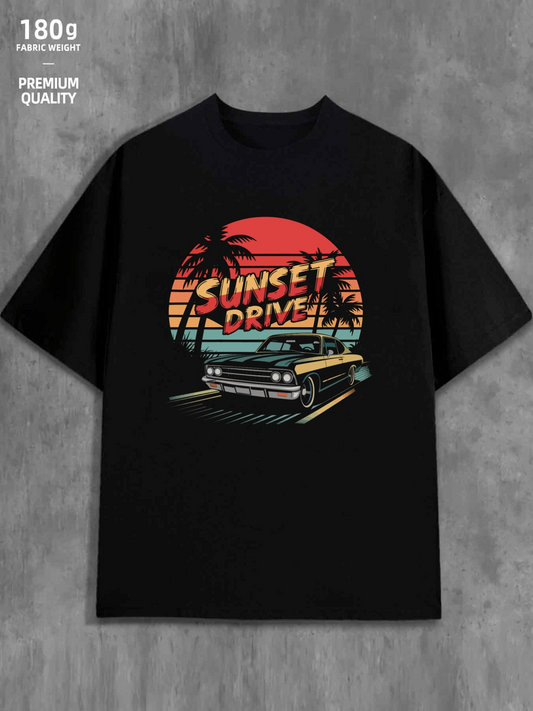 Men's Graphic T-Shirt Sunset Drive Palm Trees With Neon Colors Classic Vintage Car