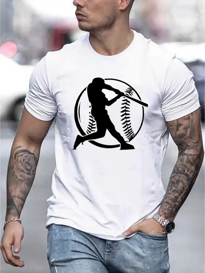 Men's Graphic T-Shirt Silhouette Batter Swinging With Giant Baseball In Background