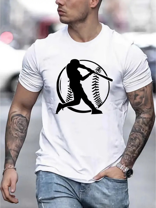 Men's Graphic T-Shirt Silhouette Batter Swinging With Giant Baseball In Background