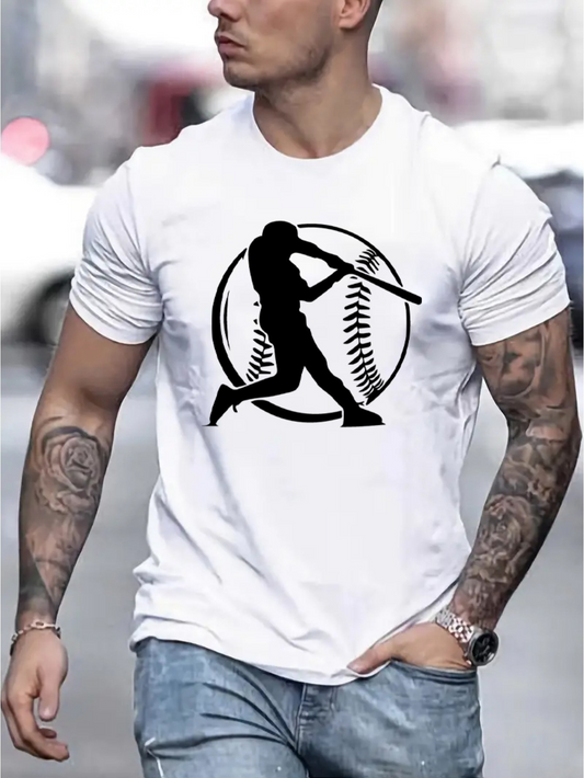 Men's Graphic T-Shirt Silhouette Batter Swinging With Giant Baseball In Background