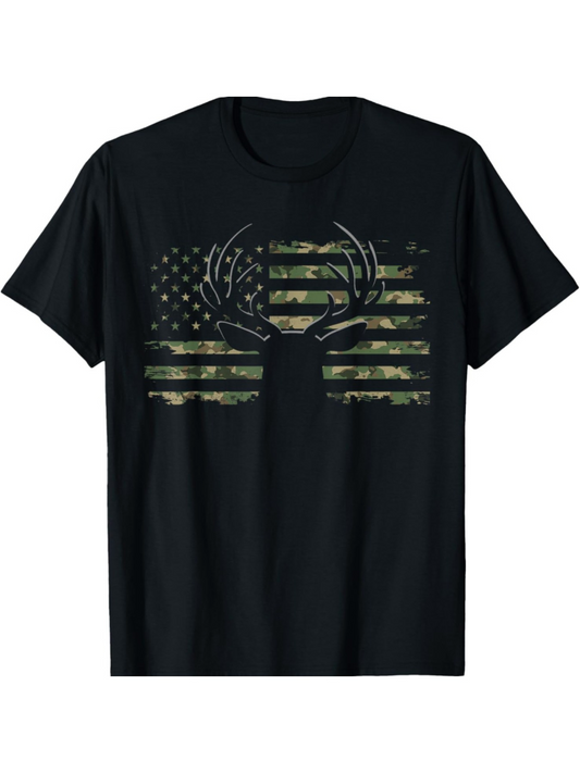 Men's Graphic T-Shirt Distressed Camouflage American Flag With Deer Antler Silhouette Design