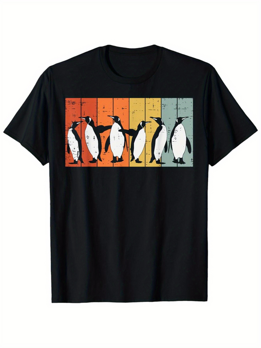 Men's Graphic T-Shirt Playful Penguins Dancing Across Colorful Retro Striped Panels Penguin