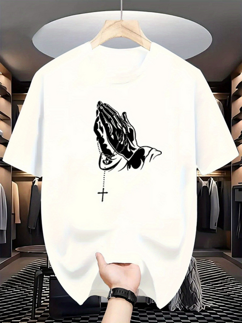 Men's Graphic T-Shirt Classic Illustration Of Folded Hands Holding Beaded Cross Necklace Prayer