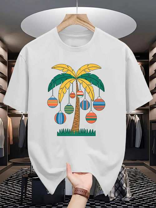Men's Graphic T-Shirt Colorful Striped Ornaments Hanging Among Tropical Palm Tree