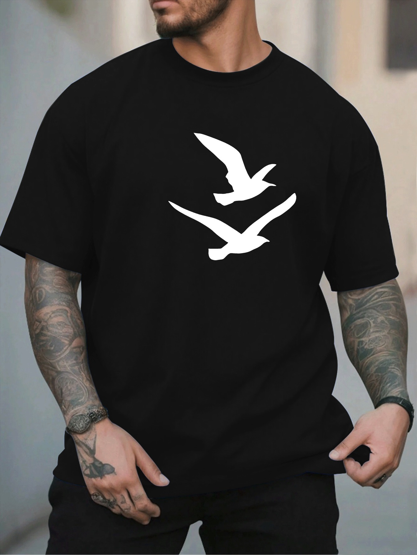 Men's Graphic T-Shirt Minimal Silhouette Two White Birds Flying Over Calm Skies T Shirt