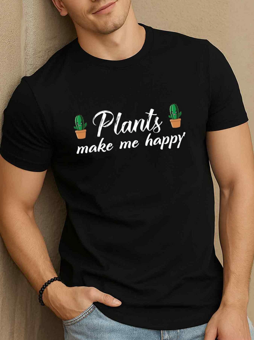 Men's Graphic T-Shirt Plants Make Me Happy Cute Cactus Pots With Playful White Script Text