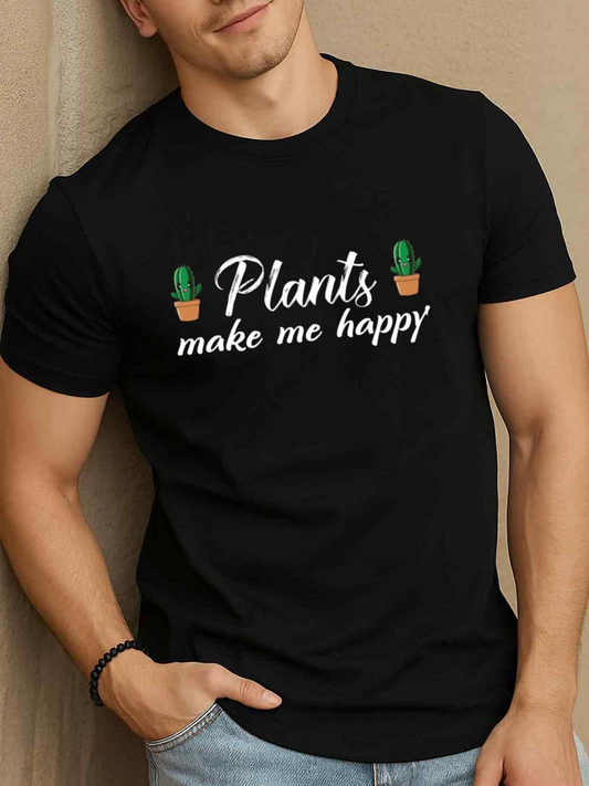 Men's Graphic T-Shirt Plants Make Me Happy Cute Cactus Pots With Playful White Script Text