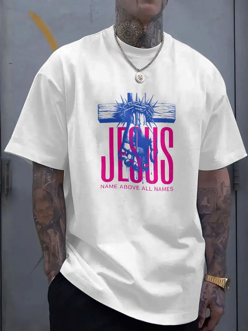 Men's Graphic T-Shirt Jesus Name Above All Names With Crowned Cross Motif