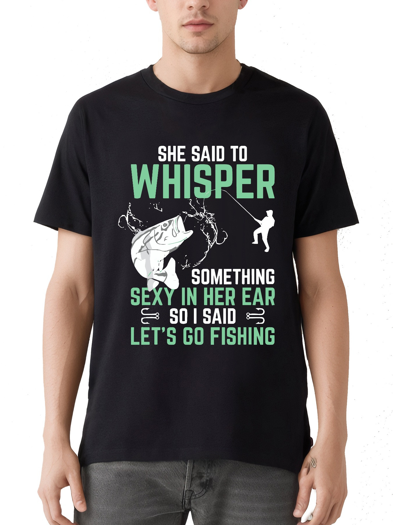 Men's Graphic T-Shirt She Said To Whisper Green Letters With A Fishing Rod Among Cartoon Fish Black T Shirt