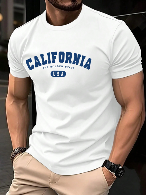 Men's Graphic T-Shirt California Slogan Blue Bold Letters On Clean White Shirt