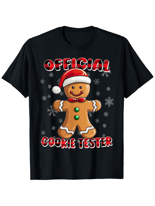 Men's Graphic T-Shirt Official Cookie Tester Gingerbread In Santa Hat Surrounded By Winter Snowflakes