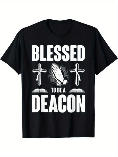 Men's Graphic T-Shirt Blessed To Be A Deacon Crosses With Praying Hands Glowing Amid Open Bibles