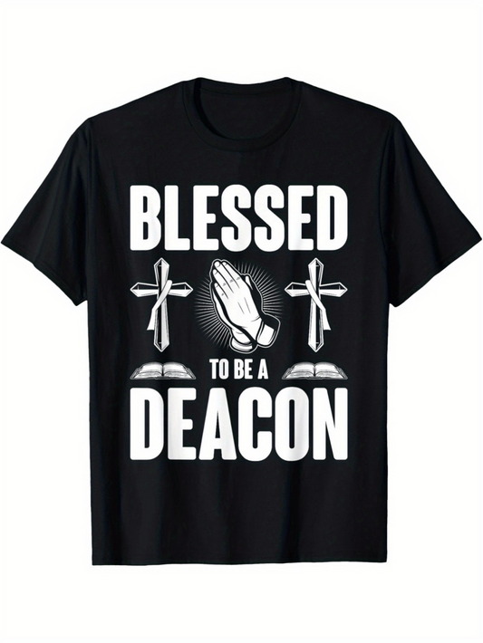 Men's Graphic T-Shirt Blessed To Be A Deacon Crosses With Praying Hands Glowing Amid Open Bibles