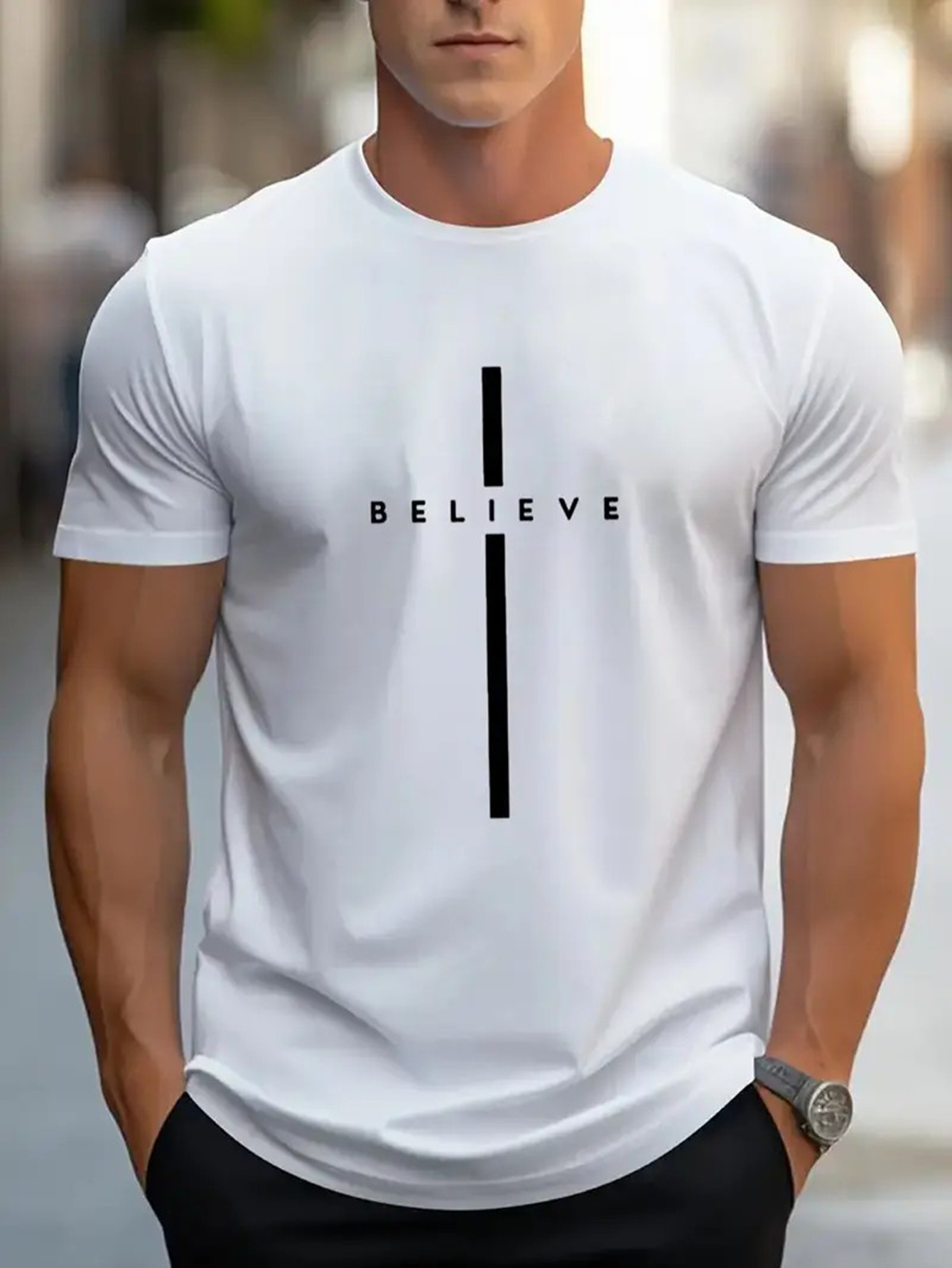 Men's Graphic T-Shirt Believe Minimalist Vertical Black Stripe With Positive Modern Streetwear T Shirt