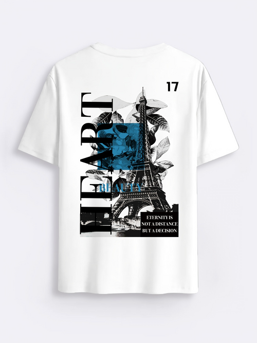Men's Graphic T-Shirt Heart Blue Overlay With Paris Eiffel Tower At Urban Cityscape