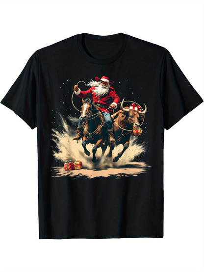 Men's Graphic T-Shirt Festive Christmas Cowboy Scene With Santa Riding Reindeer In Snow