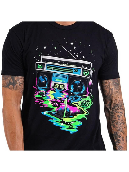 Men's Graphic T-Shirt Neon City Lights Reflected On Water Under Starry Night Boombox