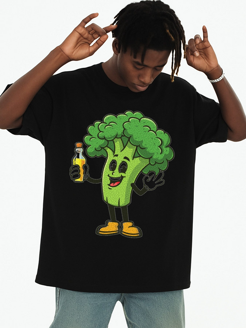 Men's Graphic T-Shirt Cheerful Cartoon Broccoli With Sneakers Holding Sauce Bottle Broccoli