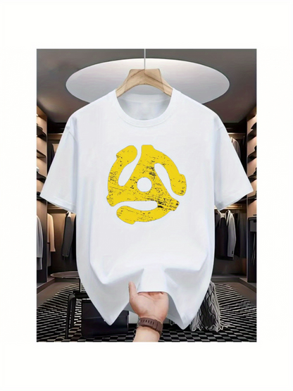 Men's Graphic T-Shirt Abstract Yellow Vinyl Adapter Shape With Urban Distressed Paint Pattern
