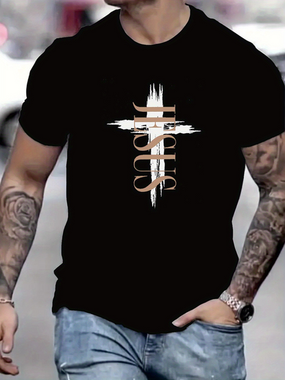 Men's Graphic T-Shirt Beige Brushstroke Cross With Modern Overlapping Jesus Lettering