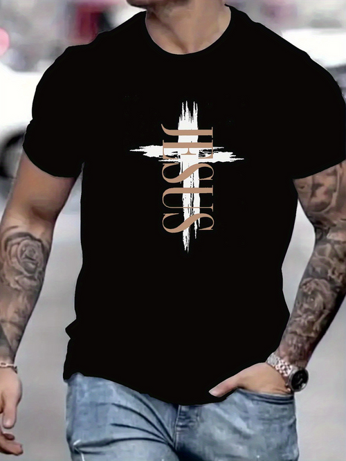 Men's Graphic T-Shirt Beige Brushstroke Cross With Modern Overlapping Jesus Lettering