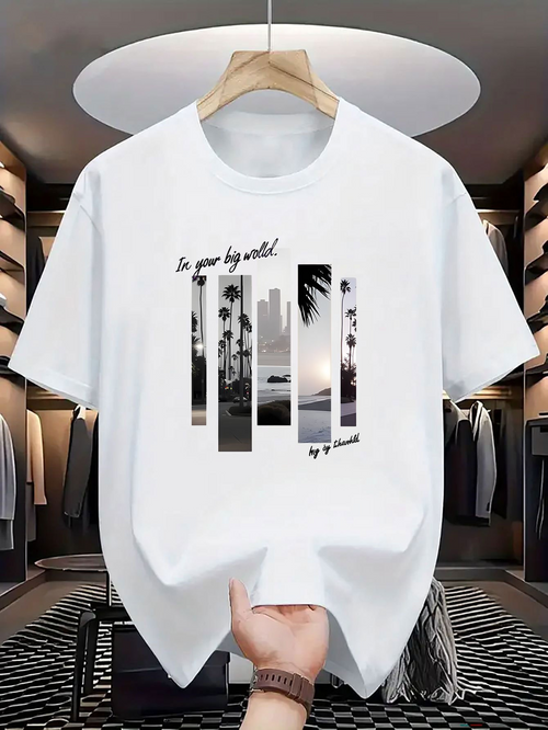 Men's Graphic T-Shirt Be Your Big Wild Breezy Palms Over City Sunset With Tranquil Ocean View Skyline