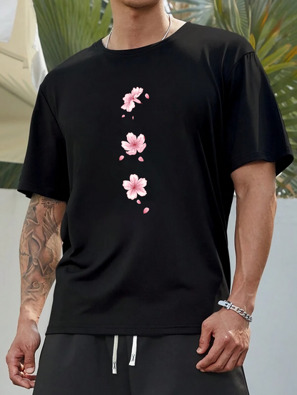 Men's Graphic T-Shirt Falling Petals With Pink Cherry Blossom Flowers Gently Adorning T Shirt