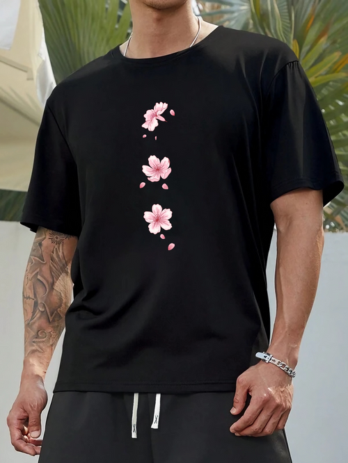 Men's Graphic T-Shirt Falling Petals With Pink Cherry Blossom Flowers Gently Adorning T Shirt