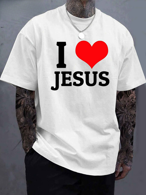 Men's Graphic T-Shirt I Love Jesus Bold Lettered Design With Red Heart Print