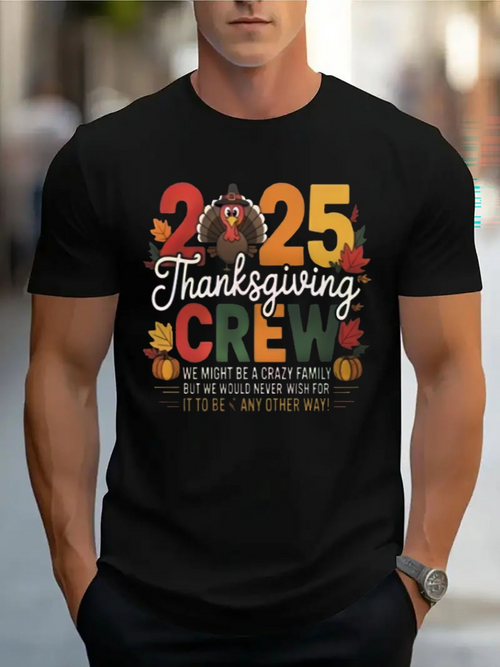 Men's Graphic T-Shirt Thanksgiving Crew Colorful Leaves With Cartoon Turkey Surrounded By Numbers