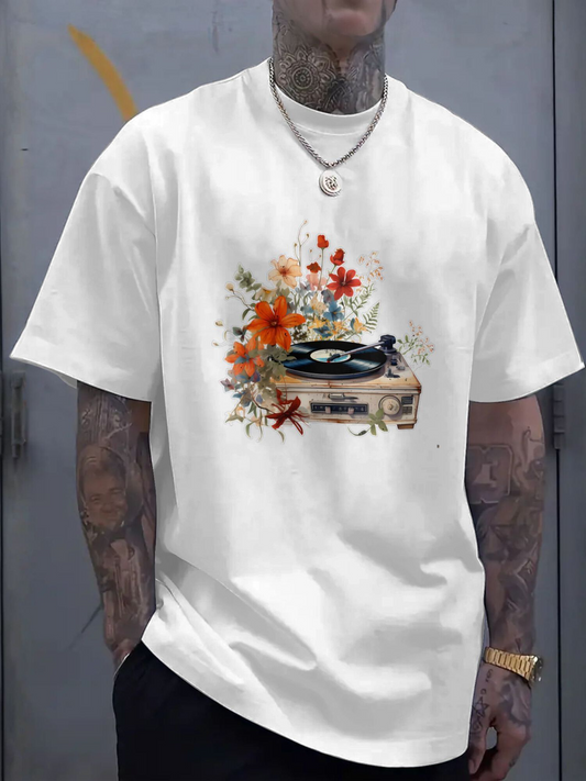 Men's Graphic T-Shirt Colorful Blossoms With Vintage Turntable Flowers Record Player