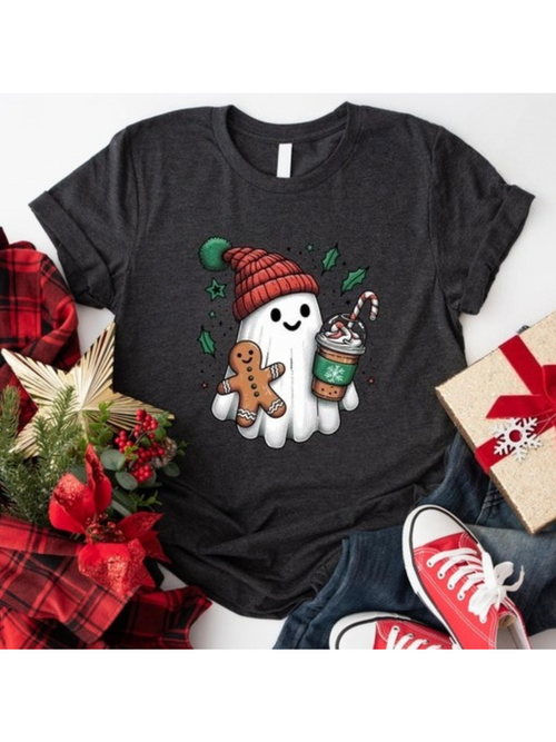 Men's Graphic T-Shirt Cozy Winter Ghost Holding Gingerbread Cookie And Festive Drink