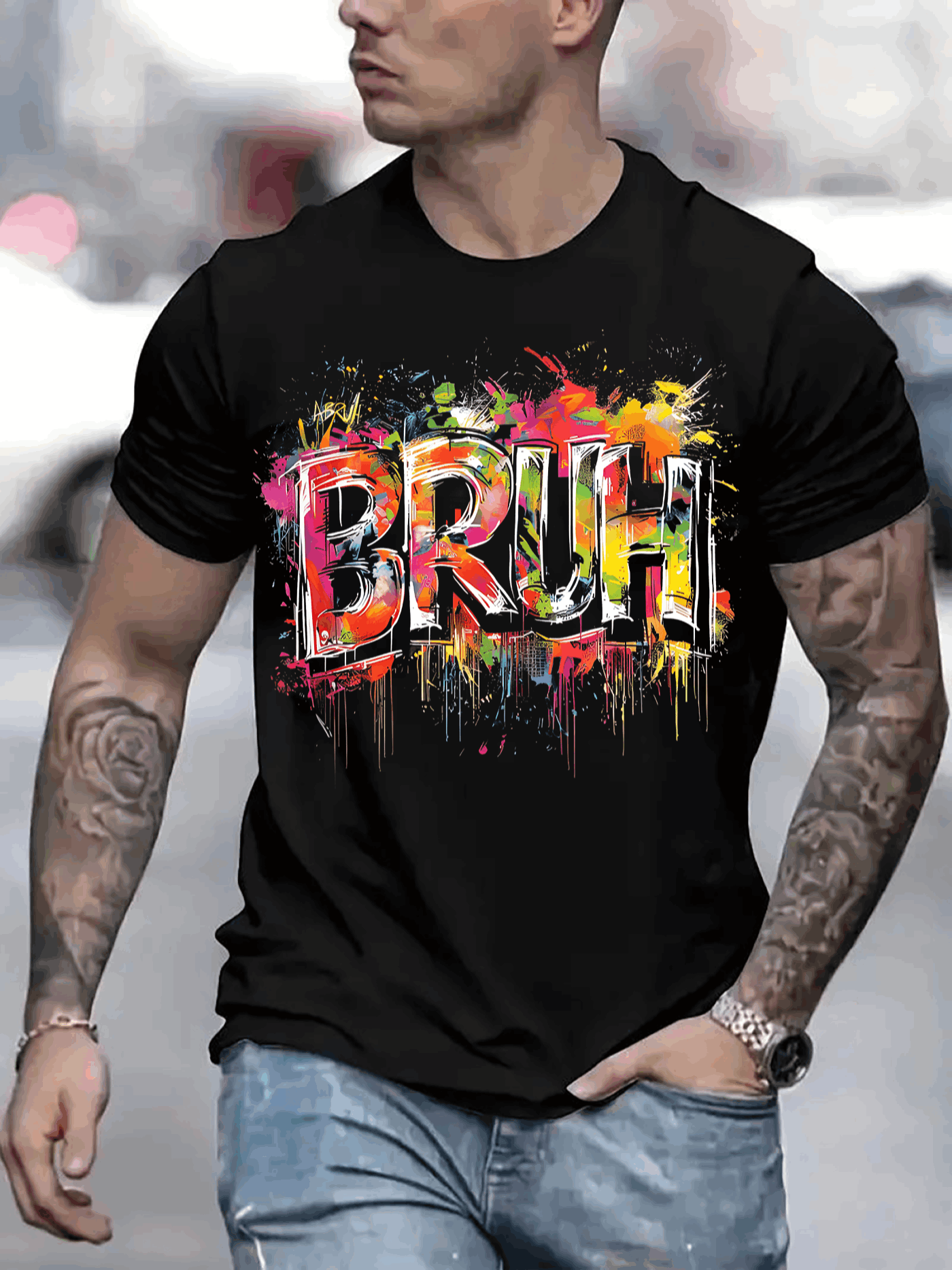 Men's Graphic T-Shirt Bruh Neon Colorful Paint Splashes Dripping Across The Shirt Text